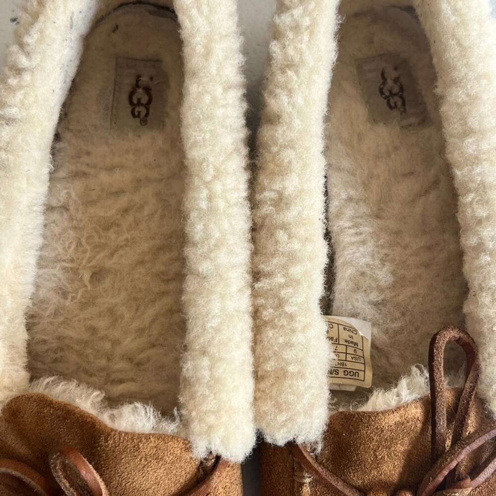 UGG Chestnut Suede Moccasin Slippers with Cream Shearling Lining - Picture 8 of 11